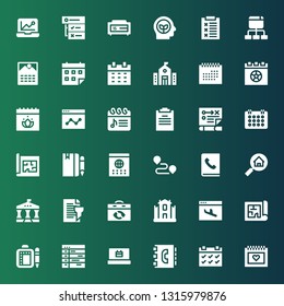 plan icon set. Collection of 36 filled plan icons included Calendar, Agenda, Schedule, Blueprint, Landing page, University, Report, Real estate, Track, Strategy, Clipboard, Analytics