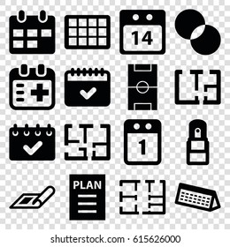 Plan icons set. set of 16 plan filled icons such as plan, circle intersection, calendar, medical appointment, office supply, 14 date calendar, football pitch