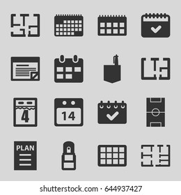 Plan icons set. set of 16 plan filled icons such as office room, calendar, office supply, 14 date calendar, plan, football pitch