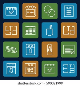 plan icons set. Set of 16 plan outline icons such as office room, circle intersection, calendar, medical appointment, office supply, 14 date calendar