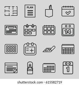 Plan icons set. set of 16 plan outline icons such as plan, office room, calendar, medical appointment, office supply, 14 date calendar