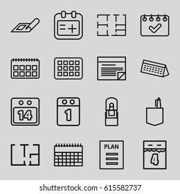 Plan icons set. set of 16 plan outline icons such as plan, office room, medical appointment, office supply, 14 date calendar