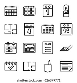 Plan icons set. set of 16 plan outline icons such as plan, office room, office supply, 14 date calendar