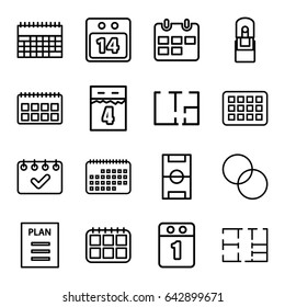 Plan icons set. set of 16 plan outline icons such as circle intersection, office supply, 14 date calendar, plan, 1st day calendar