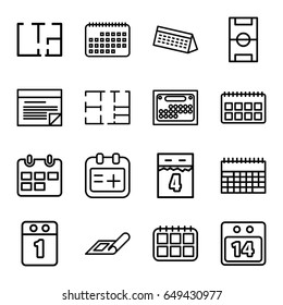 Plan icons set. set of 16 plan outline icons such as plan, medical appointment, 14 date calendar, 1st day calendar