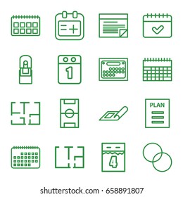 Plan icons set. set of 16 plan outline icons such as plan, circle intersection, calendar, medical appointment, office supply, 1st day calendar, 4th date calendar
