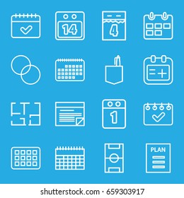 Plan icons set. set of 16 plan outline icons such as office room, circle intersection, calendar, medical appointment, 14 date calendar, plan