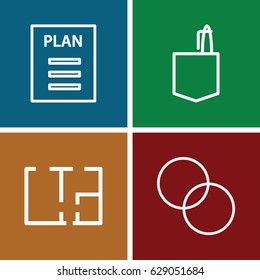 Plan icons set. set of 4 plan outline icons such as office room, circle intersection