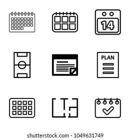 Plan icons. set of 9 editable outline plan icons such as plan, calendar, 14 date calendar