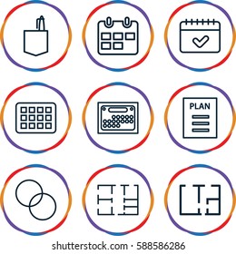 plan icons set. Set of 9 plan outline icons such as office room, circle intersection, calendar