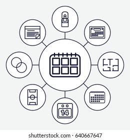 Plan icons set. set of 9 plan outline icons such as circle intersection, office supply, 14 date calendar, plan, calendar