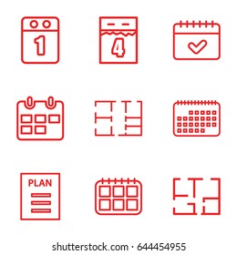 Plan icons set. set of 9 plan outline icons such as calendar, plan, 1st day calendar