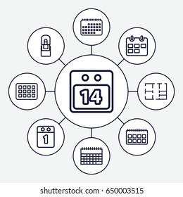 Plan icons set. set of 9 plan outline icons such as office supply, 14 date calendar, plan, 1st day calendar