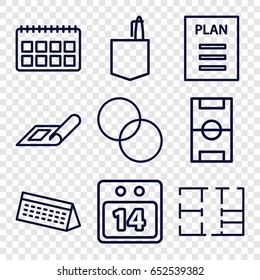 Plan icons set. set of 9 plan outline icons such as plan, office room, circle intersection, 14 date calendar, calendar