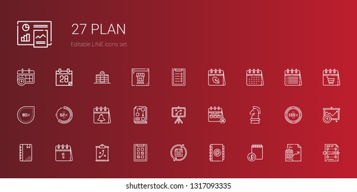 plan icons set. Collection of plan with agenda, calendar, tasks, strategy, workflow, percentage, clipboard, planning, real estate, analytics. Editable and scalable plan icons.