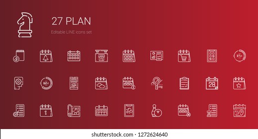 plan icons set. Collection of plan with calendar, bowling, tasks, blueprint, planning, clipboard, analytics, real estate, percentage, thinking. Editable and scalable plan icons.