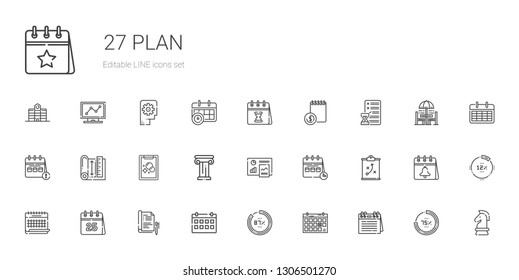 plan icons set. Collection of plan with calendar, percentage, report, strategy, analytics, architecture, tasks, blueprint, planning, agenda. Editable and scalable plan icons.