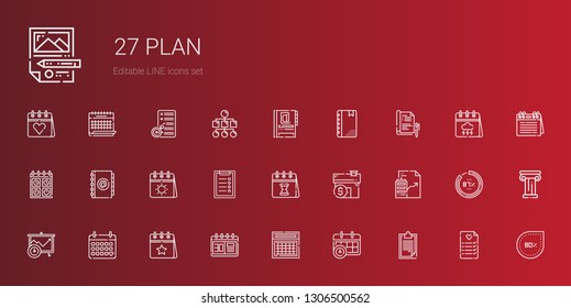 plan icons set. Collection of plan with clipboard, calendar, analytics, real estate, mortgage, agenda, report, percentage, wedding planning. Editable and scalable plan icons.