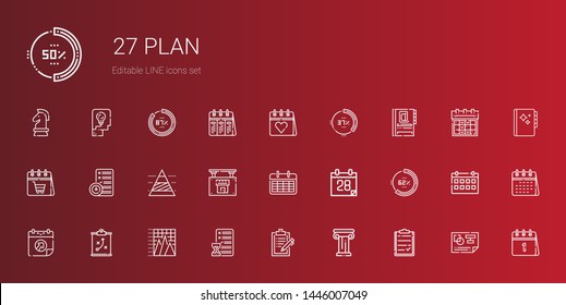 plan icons set. Collection of plan with clipboard, architecture, planning, pyramid chart, strategy, calendar, percentage, real estate, agenda. Editable and scalable plan icons.