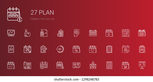 plan icons set. Collection of plan with tasks, sitemap, planning, calendar, blueprint, clipboard, percentage, thinking, real estate, bowling. Editable and scalable plan icons.