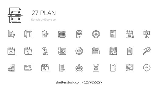 plan icons set. Collection of plan with wedding planning, blueprint, sitemap, tasks, calendar, planning, pyramid chart, percentage, thinking. Editable and scalable plan icons.