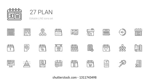 plan icons set. Collection of plan with wedding planning, calendar, agenda, pyramid chart, real estate, schedule, thinking, mortgage, analytics. Editable and scalable plan icons.