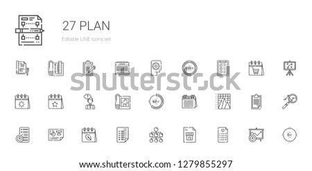 plan icons set. Collection of plan with wedding planning, blueprint, sitemap, tasks, calendar, planning, pyramid chart, percentage, thinking. Editable and scalable plan icons.