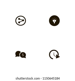 plan icons. share sign, update time, money ideas and money speech bubbles vector icons set