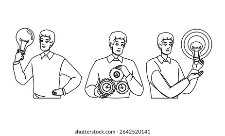 plan implementation vector. puzzle analysis, solution team, management preferences plan implementation character. people black line pencil drawing illustration