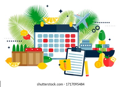 Plan import fruits icons vector illustration, product transportation by plane or ship. Mark sending day apples, pears, cucumber and tomato on calendar. Cartoon tablet product list.