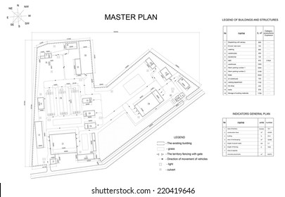 Plan industrial area. Buildings, lawns, fence and lists. Vector format