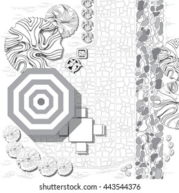 Plan of landscape with decorative plant and furniture symbols.   Patio with garden chairs and table with umbrella.