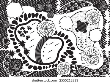 Plan of Landscape and Garden Design with Pool, Professional Illustration, Top View - Black and White Vector