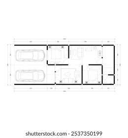 El Plan o disposición de las paredes de una casa residencial está equipado con dimensiones de habitación y también un Plan interior o disposición de muebles