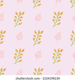 Plan leaf berry nature seamless repeat vector pattern. Pinnate leaf background coral pink orange green. Delicate floral subtle botanical background retro style. Use for fabric, bedding, wallpaper