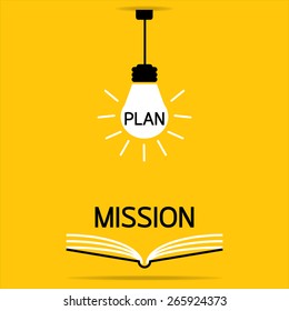 plan in a light bulb and mission on open book : yellow background vector : Business concept