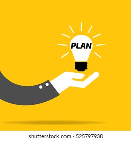 plan in a light bulb on hand of businessman on yellow background : logo vector