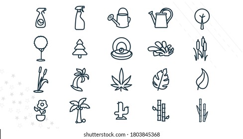 plan line icon set with bamboo, tree, flower, marijuana, leaf, palm, watering can