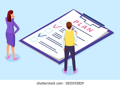 Plan list, business plan, clipboard with checklist and check marks, completed deals, assignments, tasks, targets, businesspeople man woman analysing info, business strategies, planning schedule