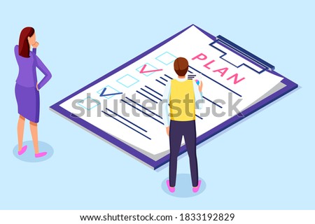 Plan list, business plan, clipboard with checklist and check marks, completed deals, assignments, tasks, targets, businesspeople man woman analysing info, business strategies, planning schedule