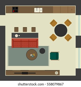 Plan of Living room in flat style. Open space living room in apartment with furniture, top view. Vector illustration banner with lounge zone, kitchen and dining table.
