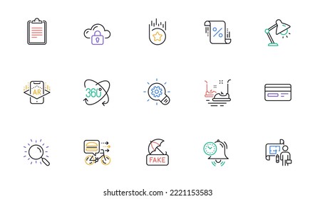 Plan, Loan percent and Credit card line icons for website, printing. Collection of Cogwheel, Table lamp, Time management icons. Full rotation, Bumper cars, Loyalty star web elements. Vector