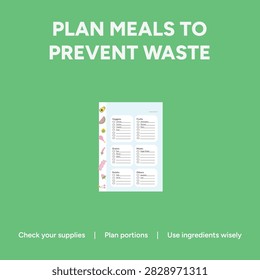 Plan meals to prevent waste infographic with weekly food planner template on green background featuring text check your supplies plan portions and use ingredients wisely for sustainable