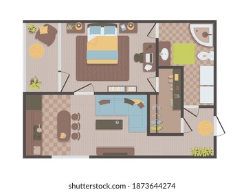 Plan for one bedroom apartment or flat with furniture. Top view of apartment with example of furniture arrangement, vector illustration isolated on white background.