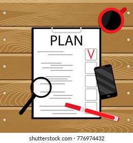 Plan and organization. Management checklist task, work table wooden, vector illustration