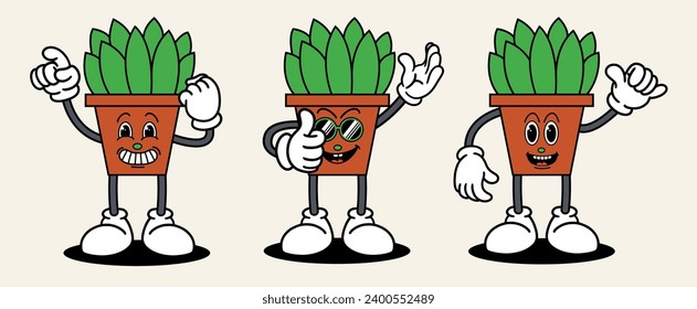 Plan pot set mascot of 70s groovy. Collection of cartoon,retro, groovy characters. Vector illustration.