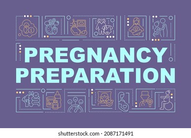 Plan for pregnancy and baby care word concepts banner. Expecting mom. Infographics with linear icons on purple background. Isolated creative typography. Vector outline color illustration with text