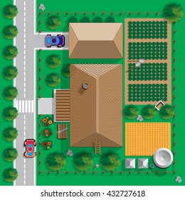 Plan a private house with a courtyard and garden. Top view of a house. Vector illustration.