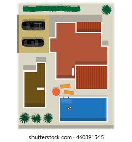 Plan a private house with a courtyard, lawn and pool. Top view of a house. Landscape, view from above. Colorful vector illustration, flat style.
