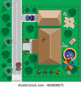 Plan a private house with a courtyard, lawn and pool. Top view of a house. Vector illustration.